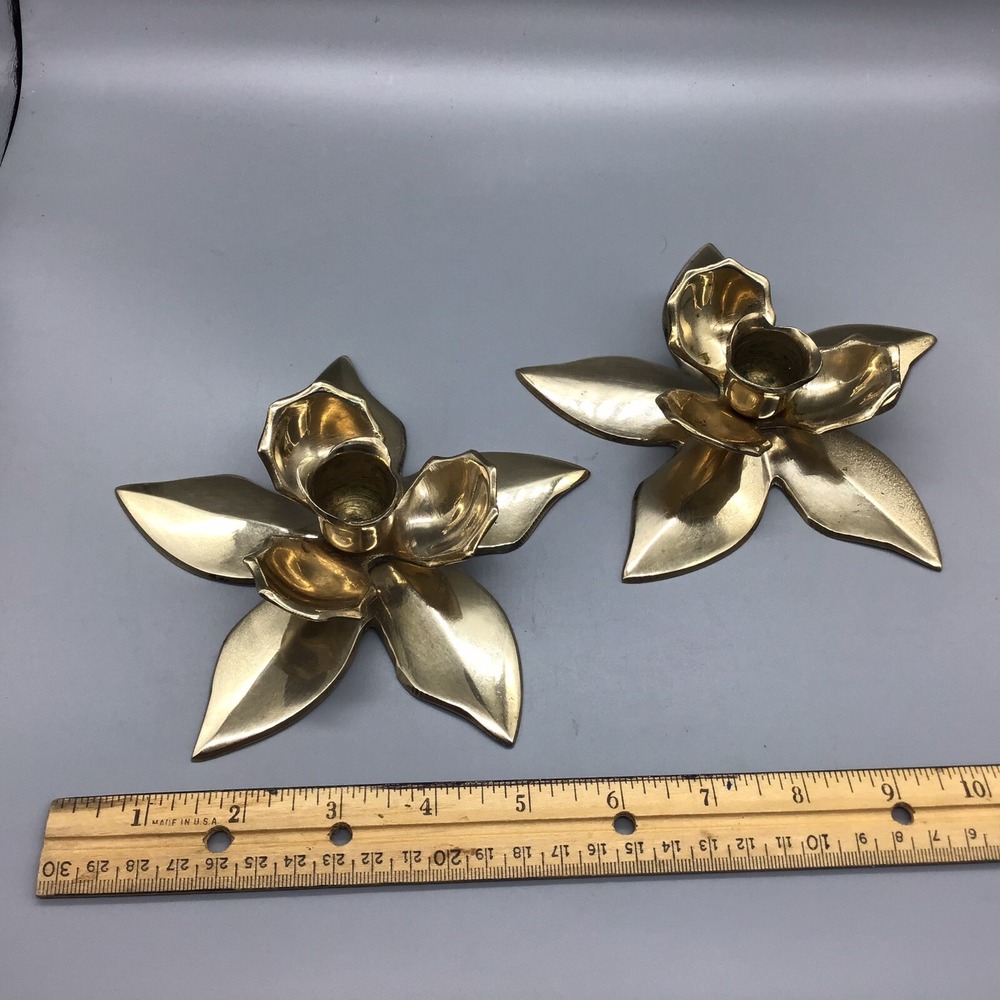 (2) Polished Brass 6" Flower‎ Candle Holders for 1" Tapered Candles, Vintage